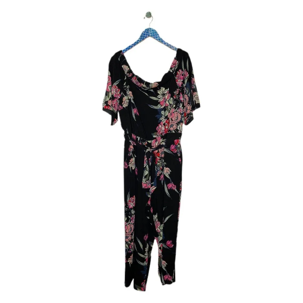 City Chic Black Misty Floral Off The Shoulder Belted Cropped Leg Jumpsuit - Picture 2 of 11